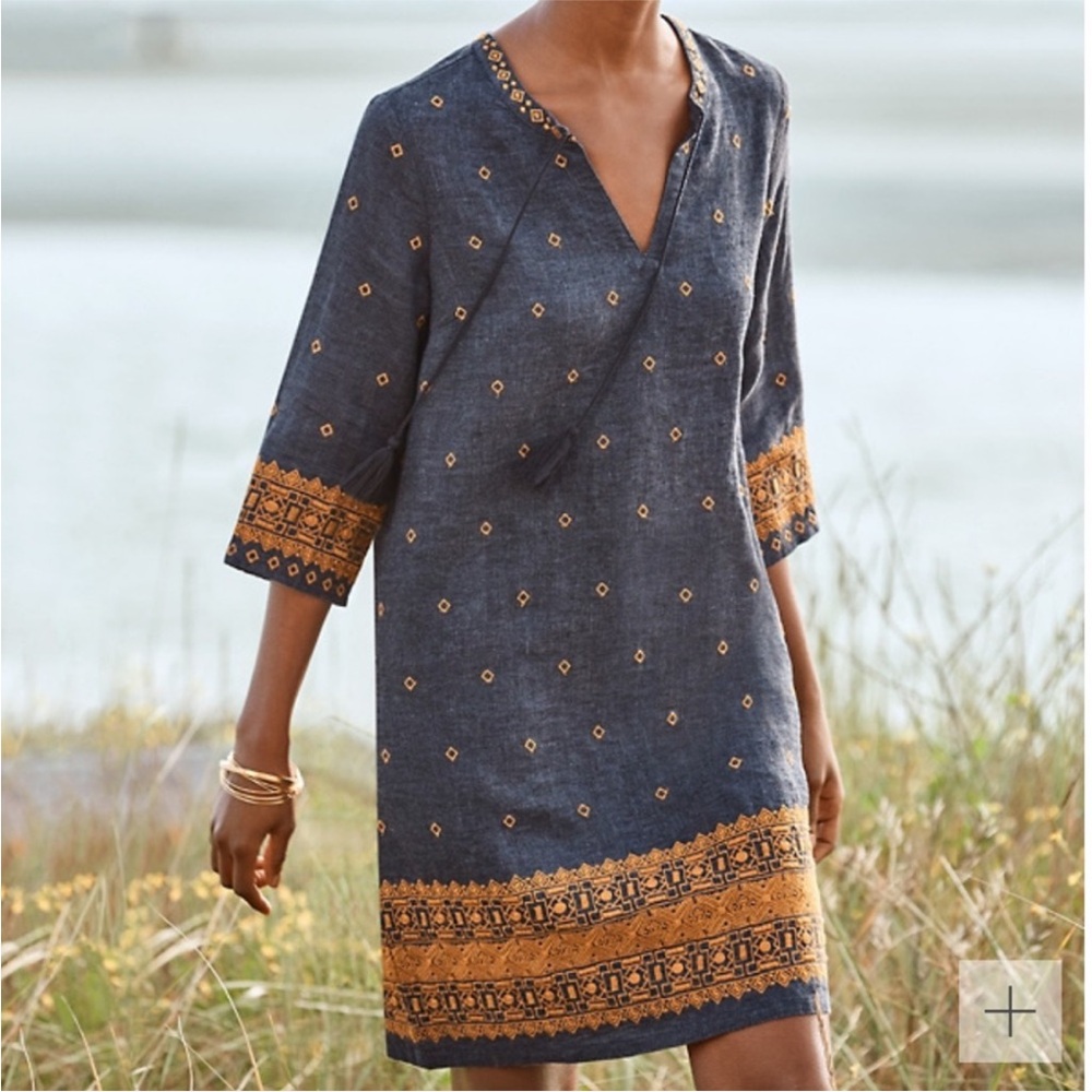 Garnet Hill Navy and Gold Embroidered Popover Dress